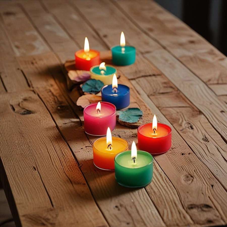 Bougies parfumées colorées allumées sur une table en bois